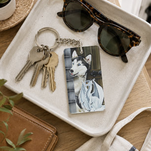 Whimsical Winter Fantasy Husky Dog Dragon Castle Keychain