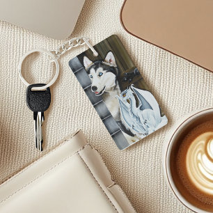 Whimsical Winter Fantasy Husky Dog Dragon Castle Keychain