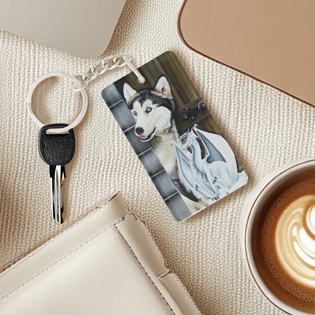 Whimsical Winter Fantasy Husky Dog Dragon Castle Keychain (Creator Uploaded)