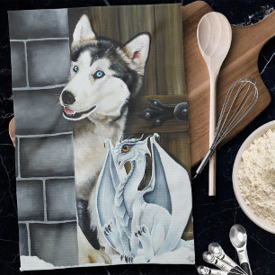 Whimsical Winter Fantasy Husky Dog Dragon Castle Kitchen Towel