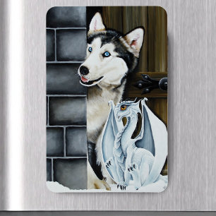 Whimsical Winter Fantasy Husky Dog Dragon Castle Magnet