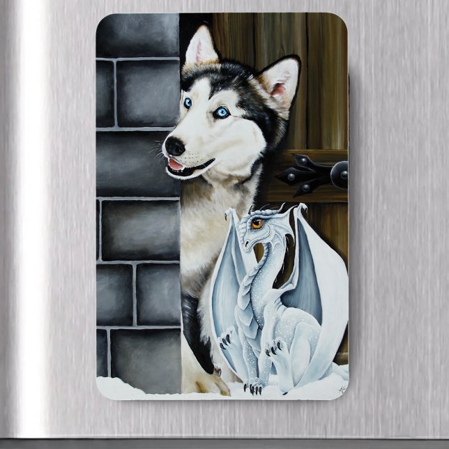 Whimsical Winter Fantasy Husky Dog Dragon Castle Magnet (Creator Uploaded)