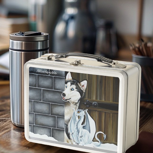 Whimsical Winter Fantasy Husky Dog Dragon Castle Metal Lunch Box (Creator Uploaded)