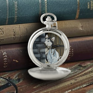 Whimsical Winter Fantasy Husky Dog Dragon Castle Pocket Watch
