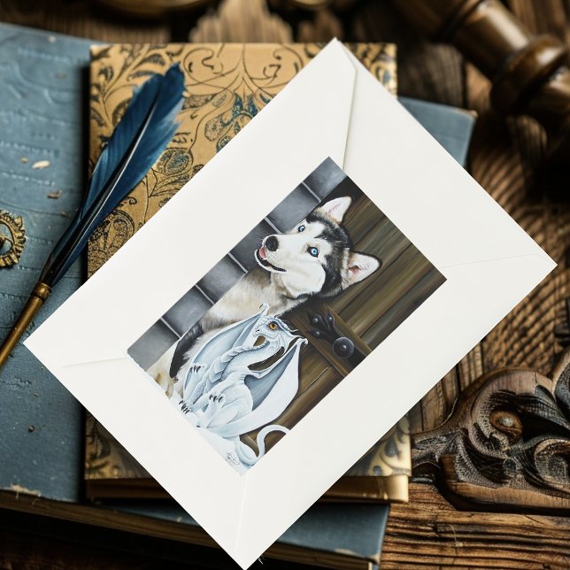 Whimsical Winter Fantasy Husky Dog Dragon Castle Rectangular Sticker (Creator Uploaded)