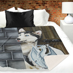 Whimsical Winter Fantasy Husky Dog Dragon Castle Sherpa Blanket