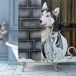 Whimsical Winter Fantasy Husky Dog Dragon Castle Shower Curtain