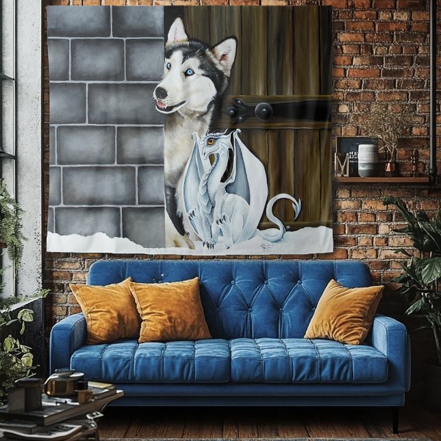 Whimsical Winter Fantasy Husky Dog Dragon Castle Tapestry (Creator Uploaded)