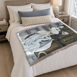 Whimsical Winter Fantasy Husky Dog Dragon Castle Throw Blanket