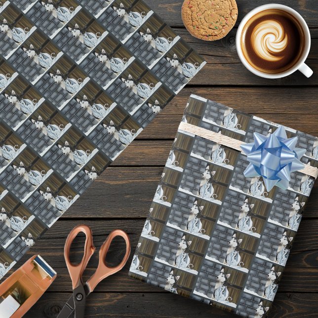 Whimsical Winter Fantasy Husky Dog Dragon Castle Wrapping Paper (Creator Uploaded)