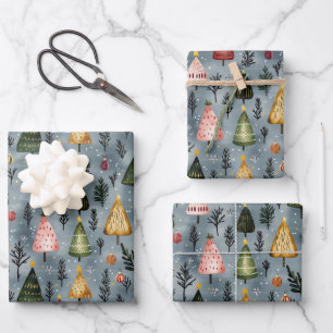 Whimsical Winter Forest Christmas Tree Pattern Wrapping Paper Sheets