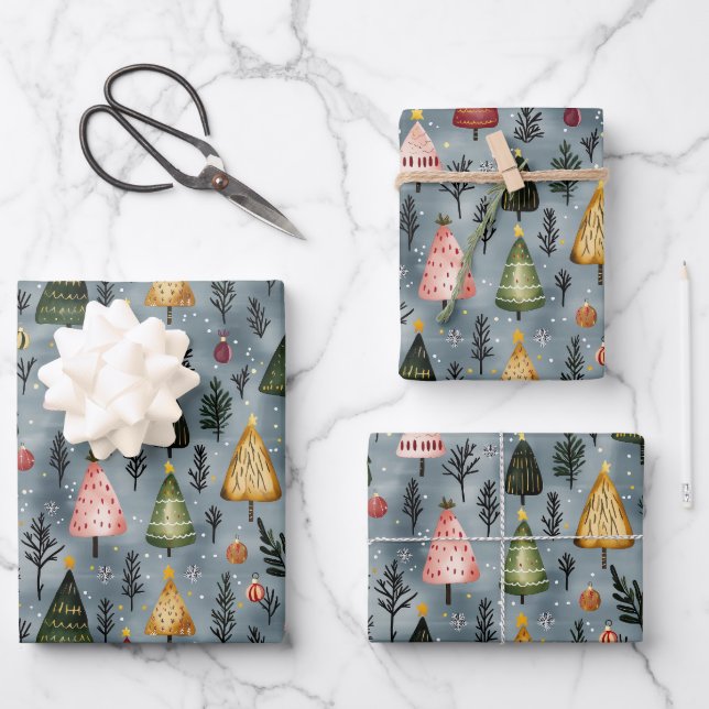 Whimsical Winter Forest Christmas Tree Pattern Wrapping Paper Sheets (Front)