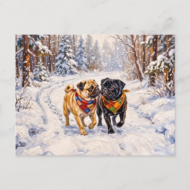 Whimsical Winter Forest Mops Dog Illustration Holiday Postcard (Front)
