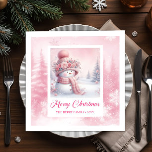 Whimsical Winter Forest Pink Snowman Christmas Napkins