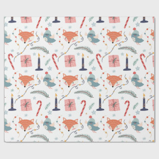 Whimsical Winter Fox & Bird Holiday Pattern Wrapping Paper