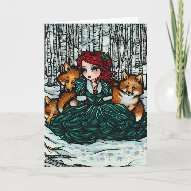 Whimsical Winter Foxes Forest Fantasy Art Card (Front)