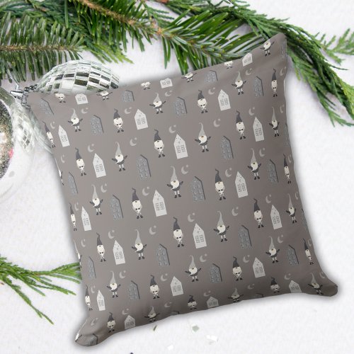 Whimsical Winter Gnomes Houses and Moon Grey  Throw Pillow