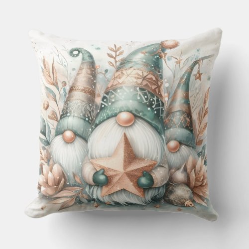 Whimsical Winter Gnomes Rose Pink Gold Holiday  Throw Pillow