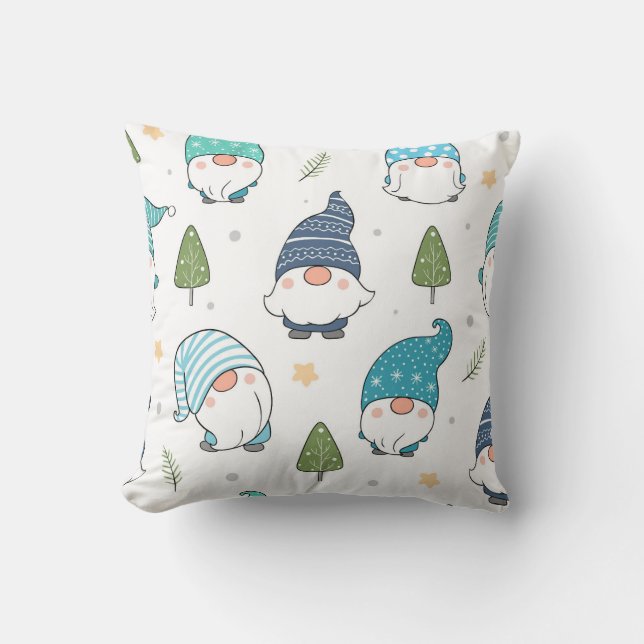 Whimsical Winter Gnomes Seamless Pattern Throw Pillow (Front)