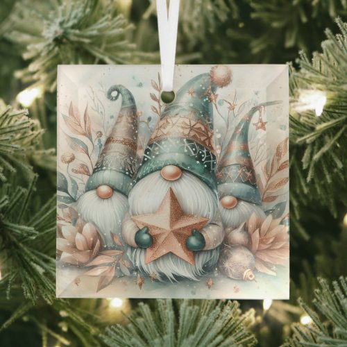 Whimsical Winter Gnomes Watercolor Rose Gold Star Glass Ornament
