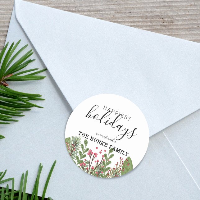 Whimsical Winter Greenery Foliage Classic Round Sticker (Holiday Foliage Holiday Classic Round Sticker)