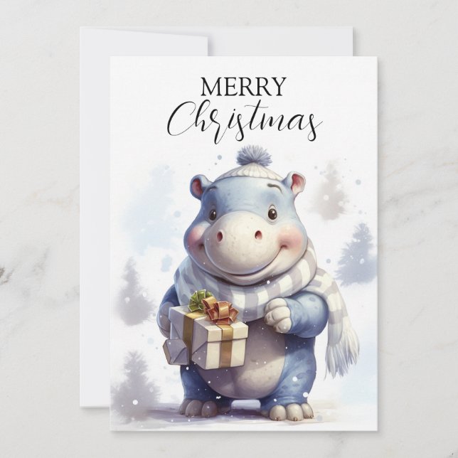 Whimsical Winter Hippo Christmas Card (Front)