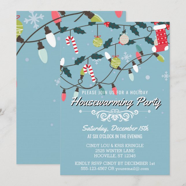 Whimsical Winter Holiday Blue Housewarming Party Invitation (Front/Back)