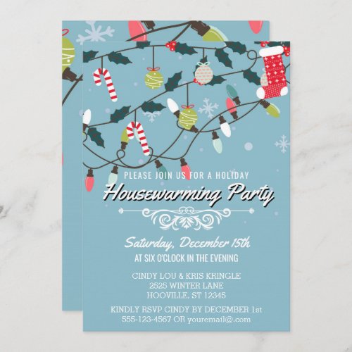 Whimsical Winter Holiday Blue Housewarming Party Invitation