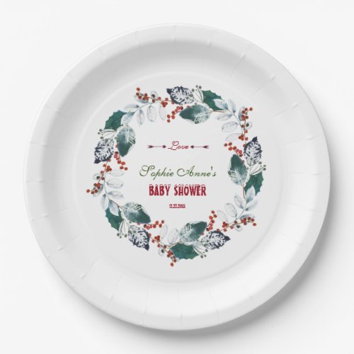 Whimsical Winter Holy Berries Wreath Baby Shower Paper Plates
