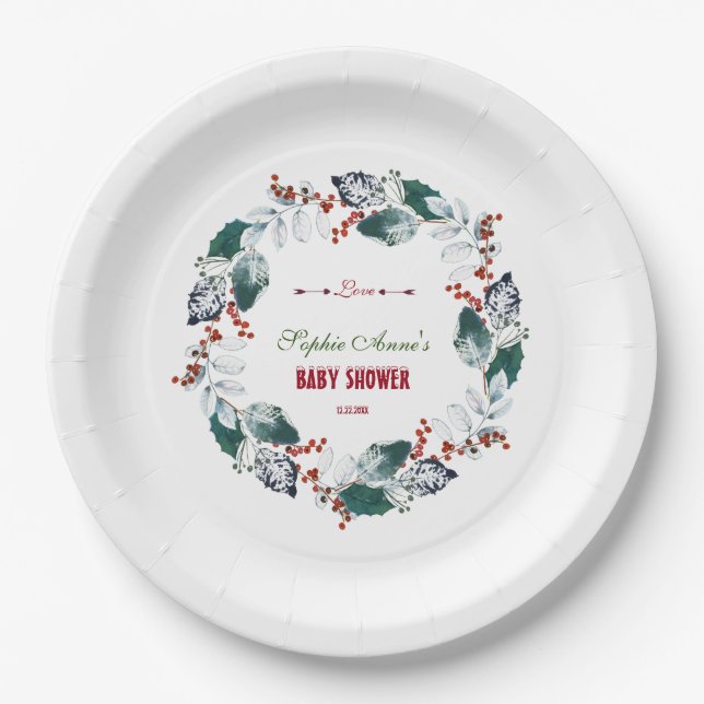 Whimsical Winter Holy Berries Wreath Baby Shower Paper Plates (Front)