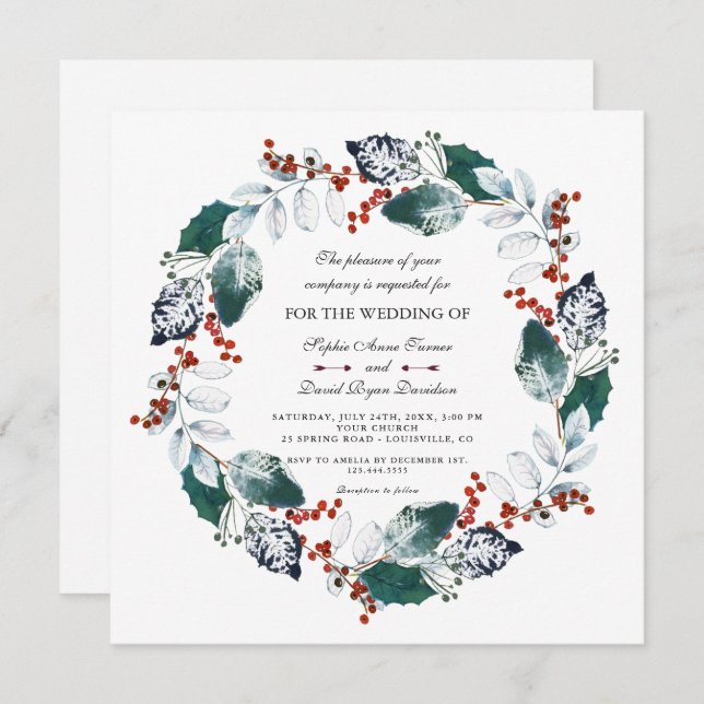 Whimsical Winter Holy Berries Wreath  Wedding Invitation (Front/Back)