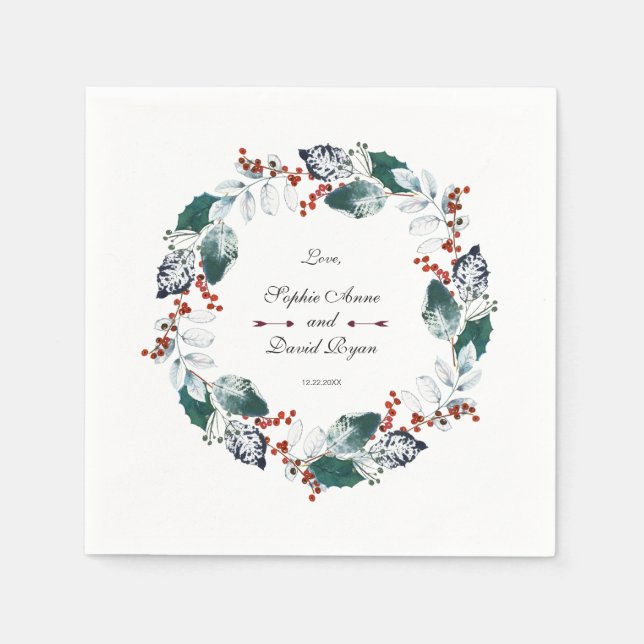 Whimsical Winter Holy Berries Wreath Wedding Napkins (Front)
