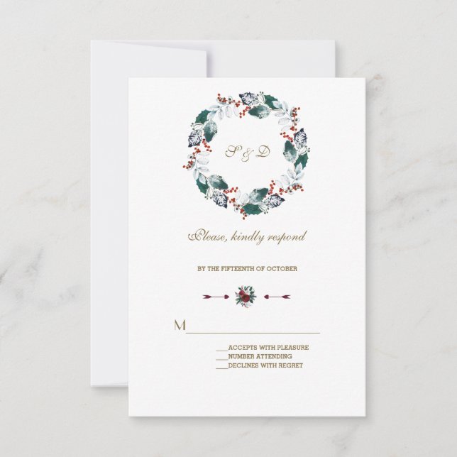 Whimsical Winter Holy Berries Wreath Wedding RSVP Card (Front)