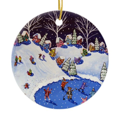 Whimsical Winter Ice Skaters Sled Riders Ornament