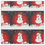 Whimsical Winter Night Snowman on Red Background Fabric
