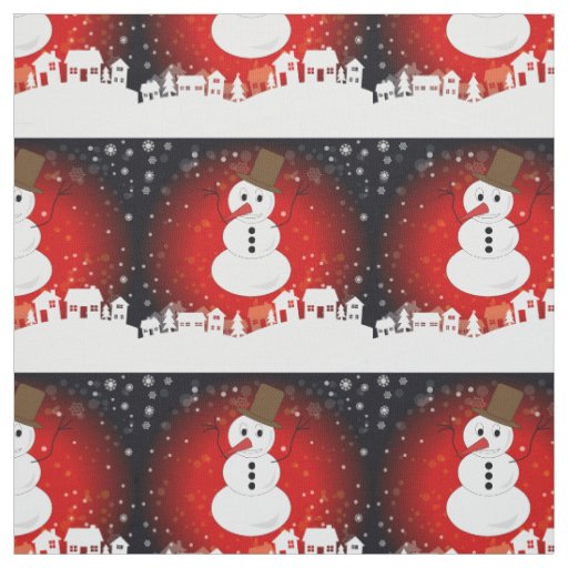 Whimsical Winter Night Snowman on Red Background Fabric