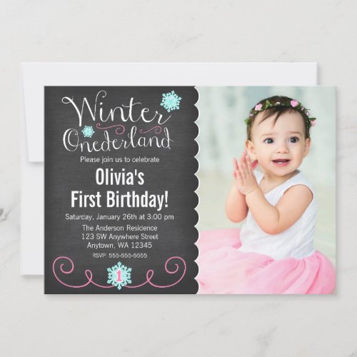 Whimsical Winter Onederland Photo Teal Birthday Invitation