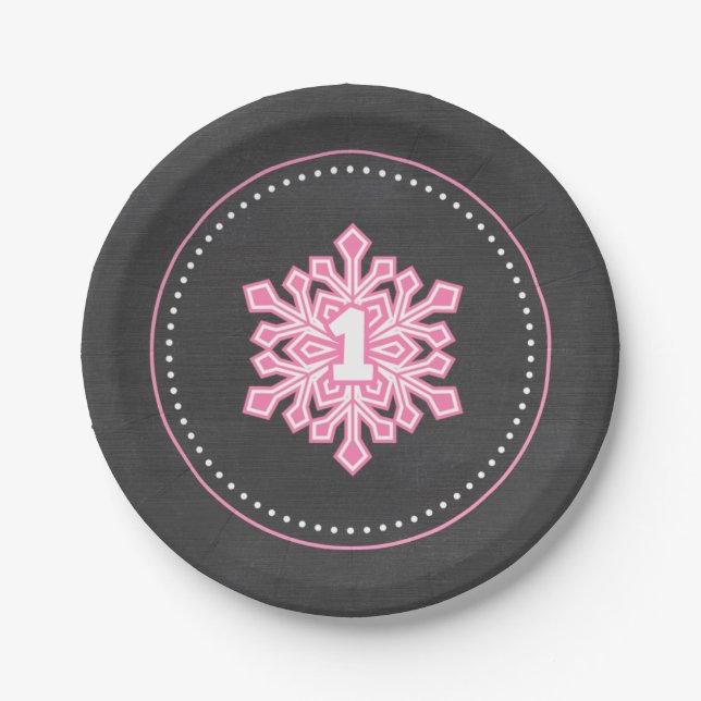 Whimsical Winter Onederland Snowflake Birthday Pin Paper Plates (Front)