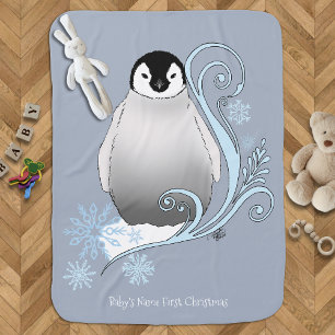 Whimsical Winter Penguin Art Nouveau Snowflakes Baby Blanket