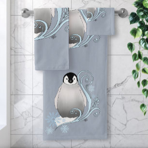 Whimsical Winter Penguin Art Nouveau Snowflakes Bath Towel Set
