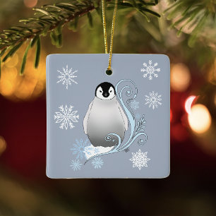 Whimsical Winter Penguin Art Nouveau Snowflakes Ceramic Ornament
