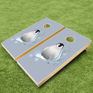 Whimsical Winter Penguin Art Nouveau Snowflakes Cornhole Set