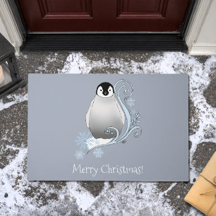 Whimsical Winter Penguin Art Nouveau Snowflakes Doormat