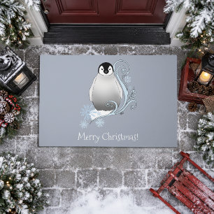 Whimsical Winter Penguin Art Nouveau Snowflakes Doormat