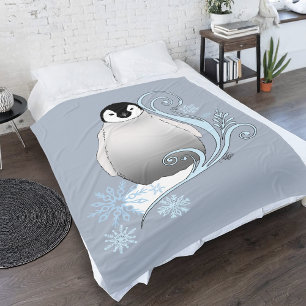 Whimsical Winter Penguin Art Nouveau Snowflakes Fleece Blanket