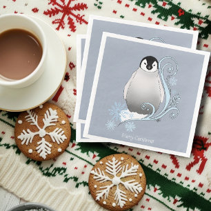 Whimsical Winter Penguin Art nouveau Snowflakes Paper Dinner Napkins