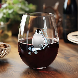 Whimsical Winter Penguin Art Nouveau Snowflakes  Stemless Wine Glass