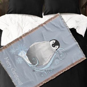 Whimsical Winter Penguin Art Nouveau Snowflakes Throw Blanket