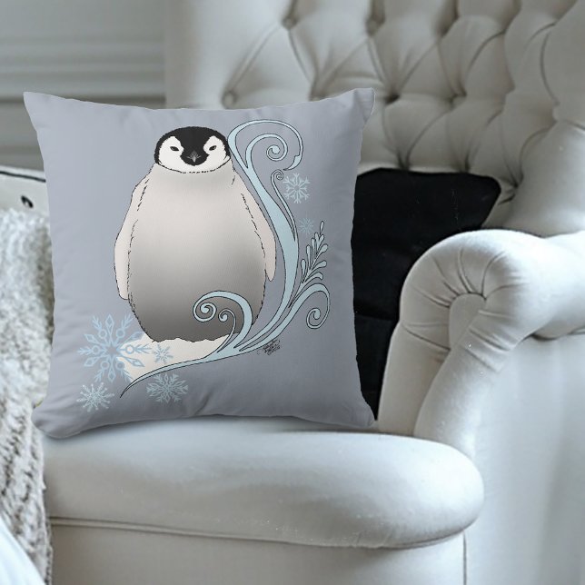 Whimsical Winter Penguin Art Nouveau Snowflakes Throw Pillow (Creator Uploaded)