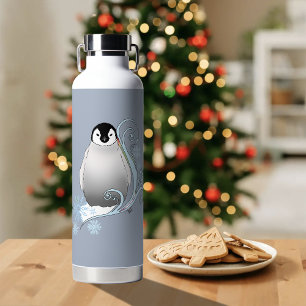 Whimsical Winter Penguin Art Nouveau Snowflakes.  Water Bottle